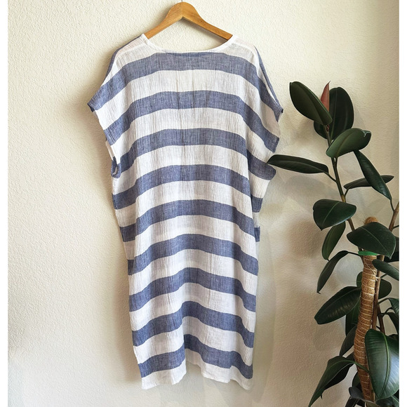Eileen Fisher Organic Linen Kaftan DressL/XL Striped Preppy Beach Coastal Resort - Picture 6 of 9
